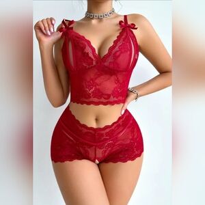 Sexy Floral Lace Lingerie Set, Hollow Out Bow Knot Bra & Open Crotch Boyshort